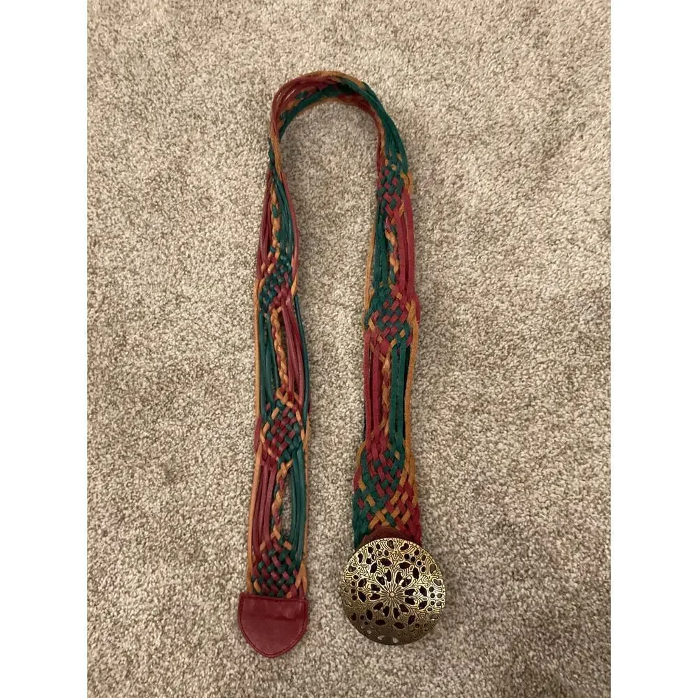 Hollister Y2K Boho 100% Leather Multicolored Braided Belt Brass Buckle, XS/S